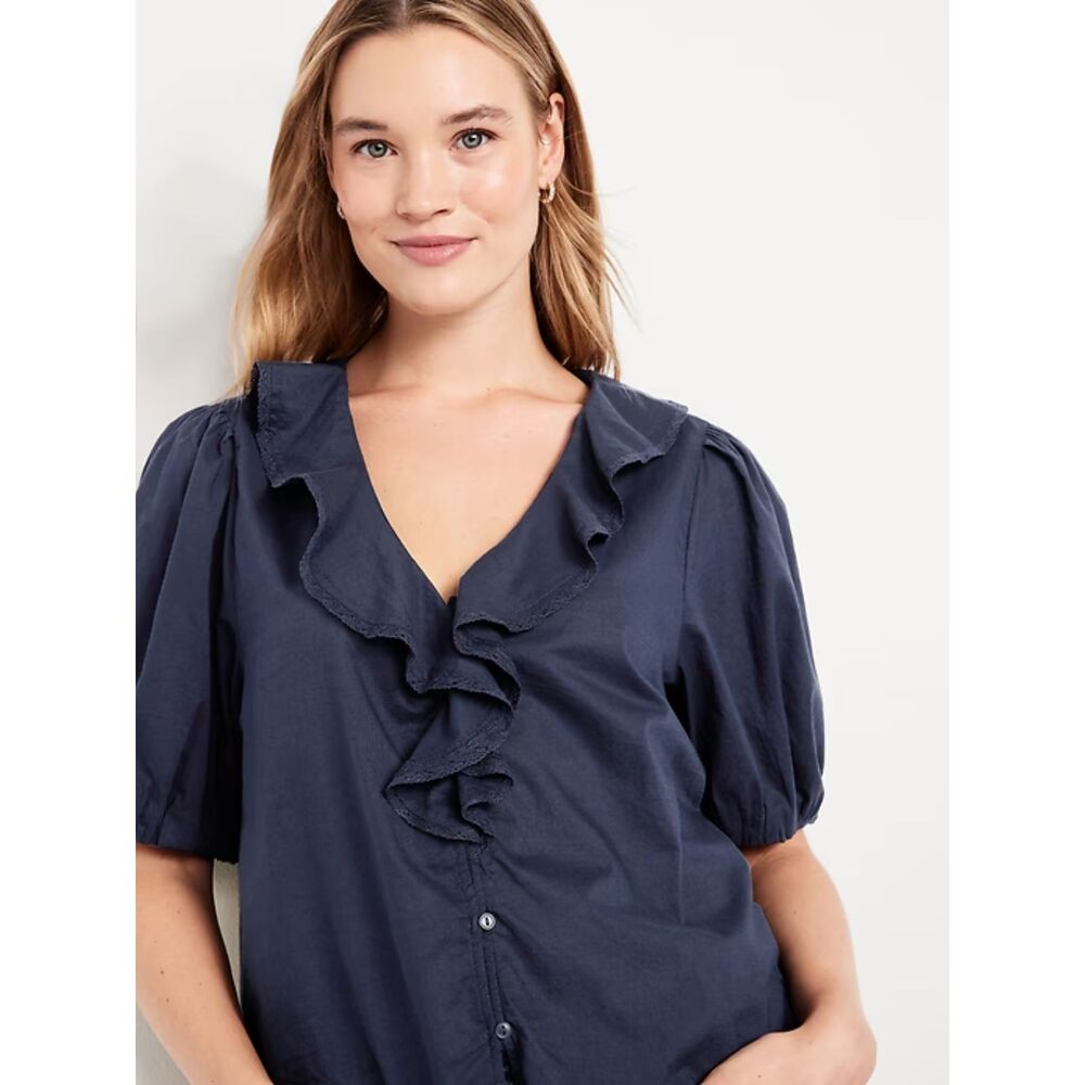 Old Navy Ruffle Navy Blue Collar Button-Down Short Sleeve Top Size M 100% cotton